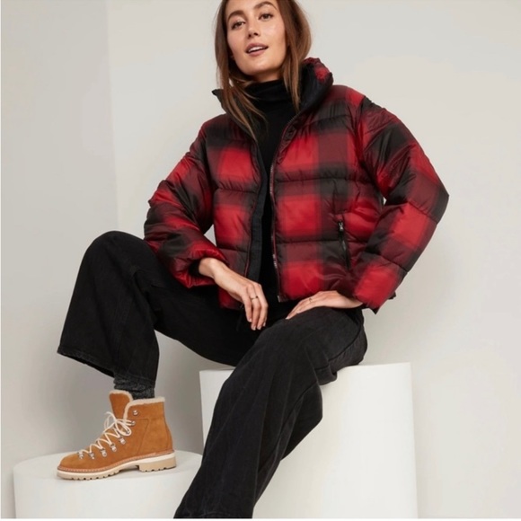 NWOT Old navy crop puffer jacket size xl red plaid water resistant full zip - Picture 2 of 6